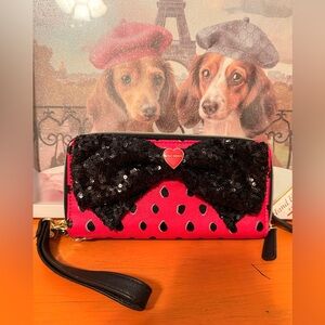 Betsey Johnson Pink and Black Sequin Bow Wristlet Wallet